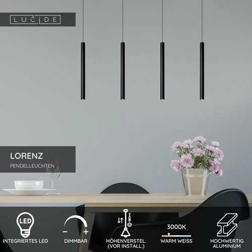 Lucide LORENZ - Pendelleuchten - LED Dim. - 4x4W 3000K - Schwarz - USP